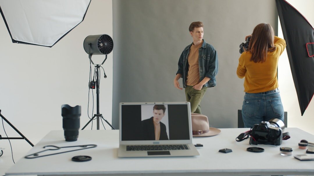 Camera and lens on a production table in a studio