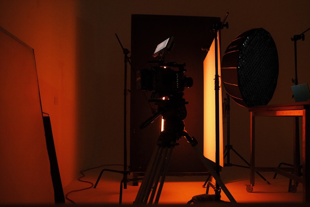 Professional video production studio with camera and lighting equipment