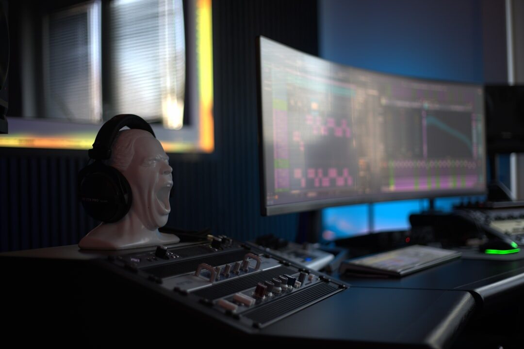 Radio microphone and headphones in broadcast studio