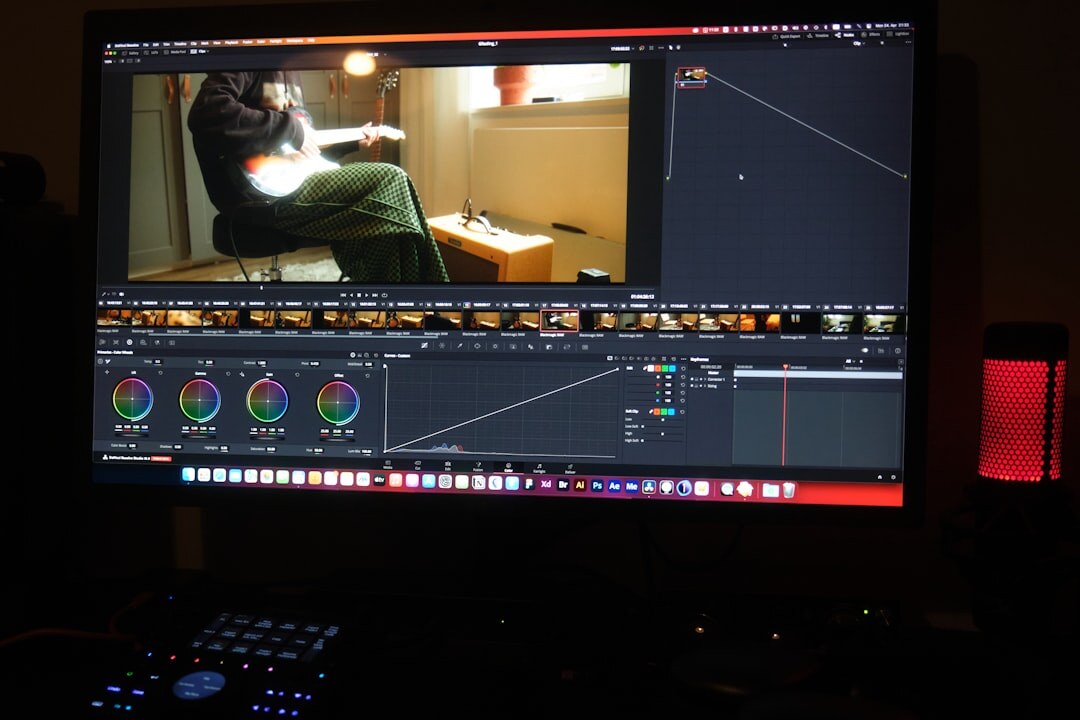 Video editing workstation with multiple monitors showing footage